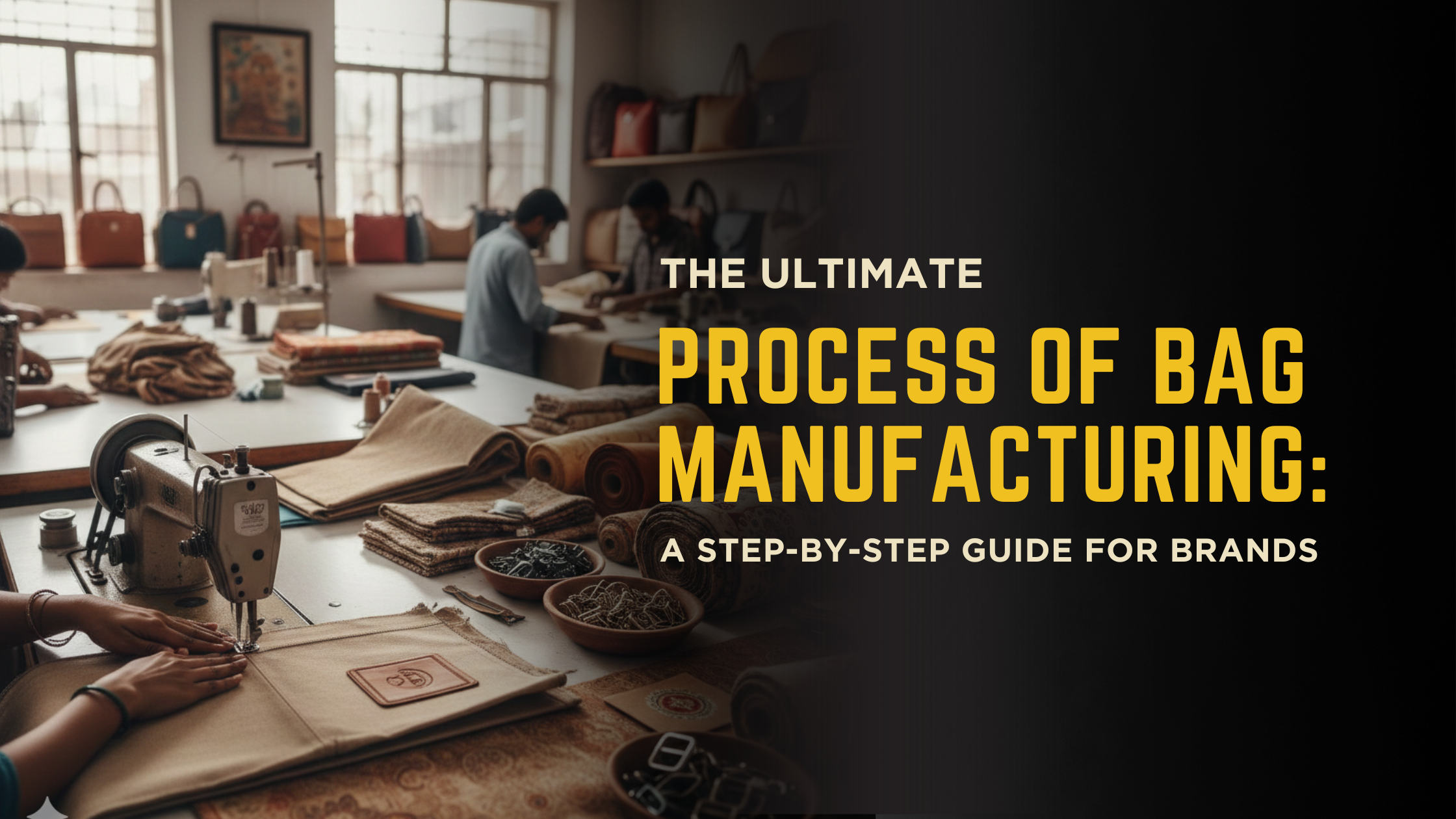 Step-by-step bag manufacturing process showing design, material sourcing, prototyping, production line, and quality control in a professional bag factory