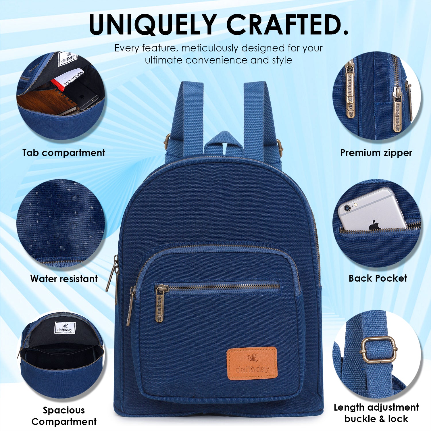 Shop Now Compact Blue Mini Backpack at Daffoday