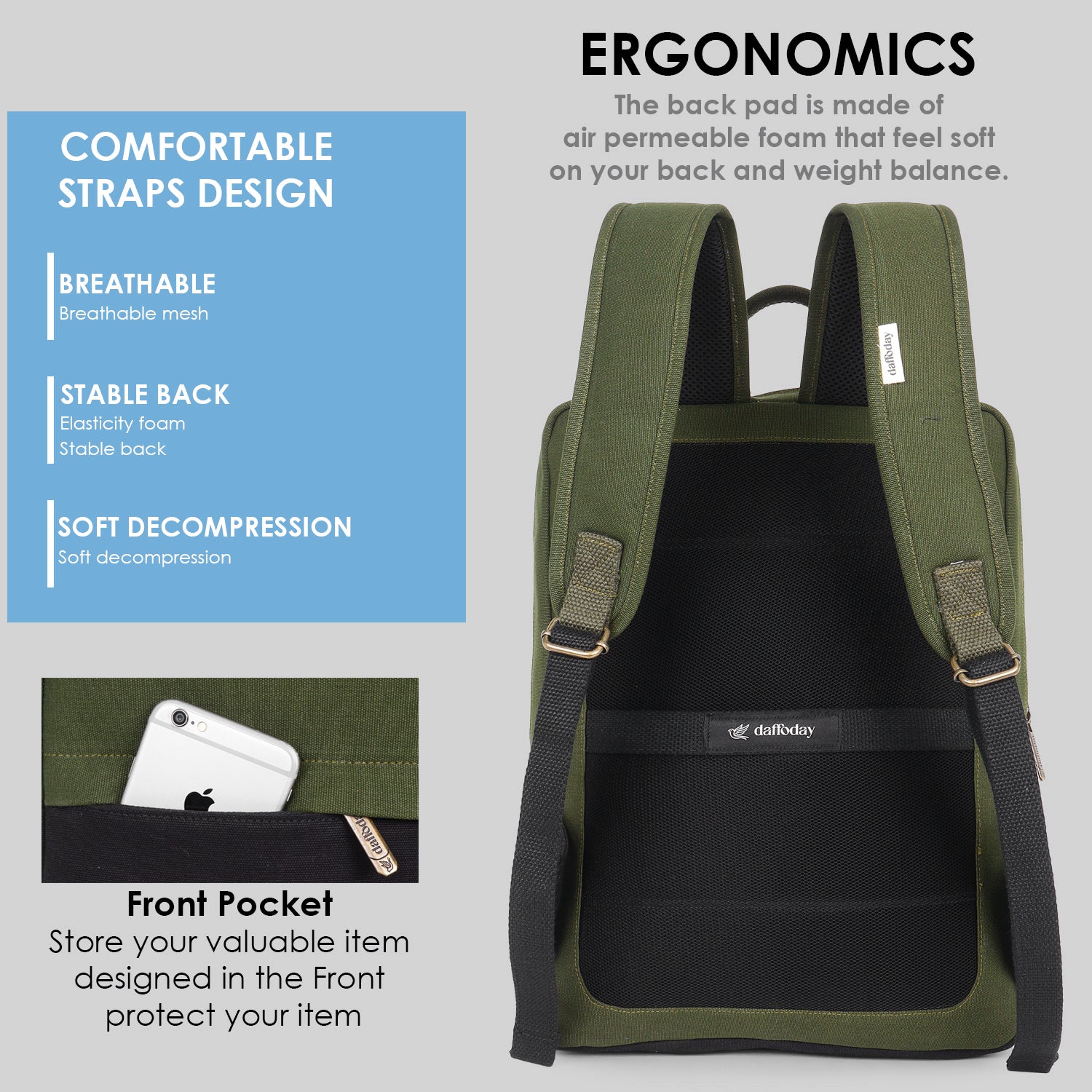 Urban Pro Backpack | Daffoday Canvas Army Green Laptop Backpack For Men & Women