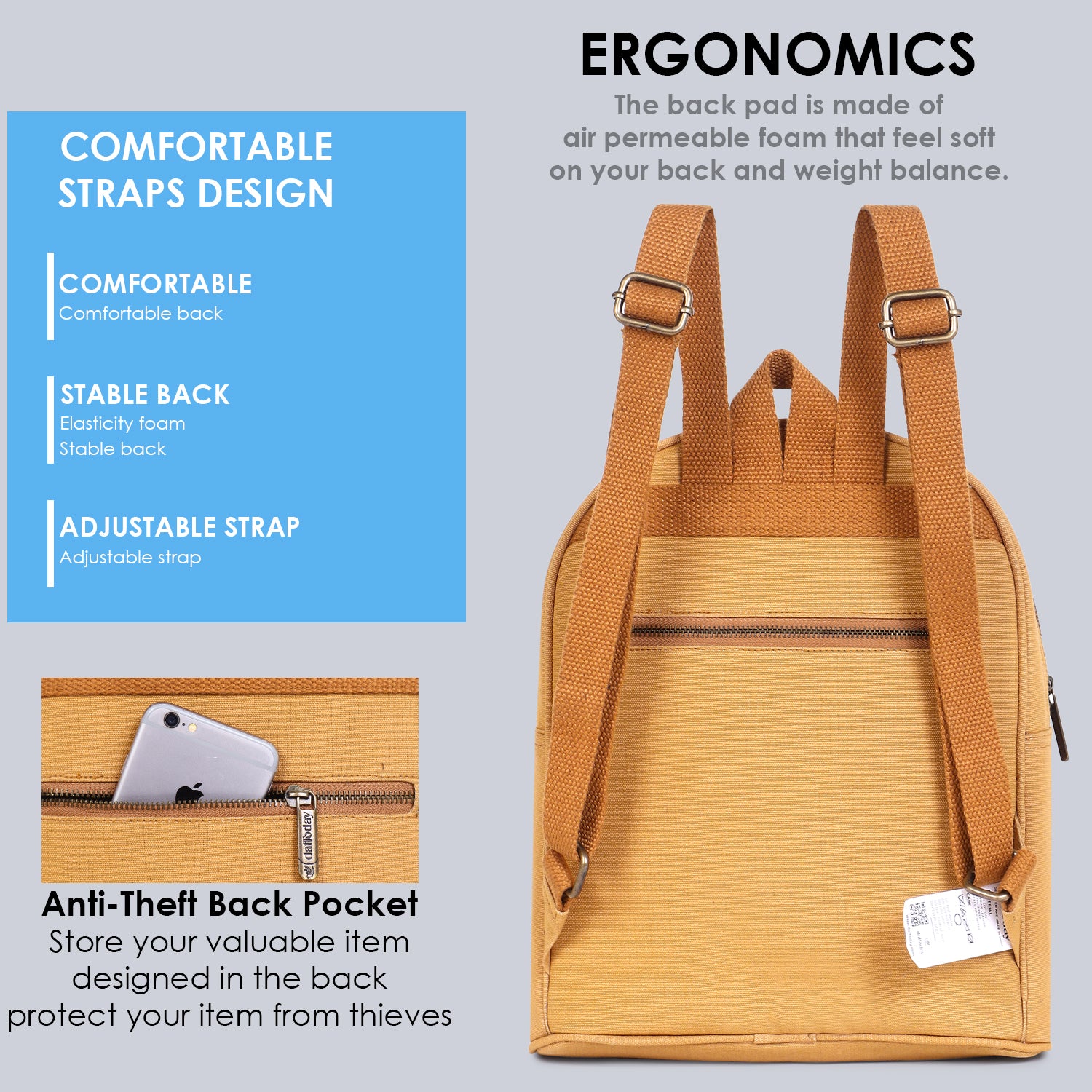 Urban Mini Backpack | Daffoday Canvas Tan Mini Backpack For Men & Women